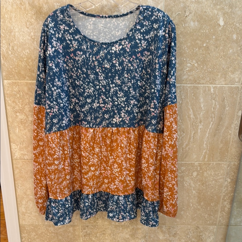 Blue and Orange Tiered Blouse with Long Sleeves